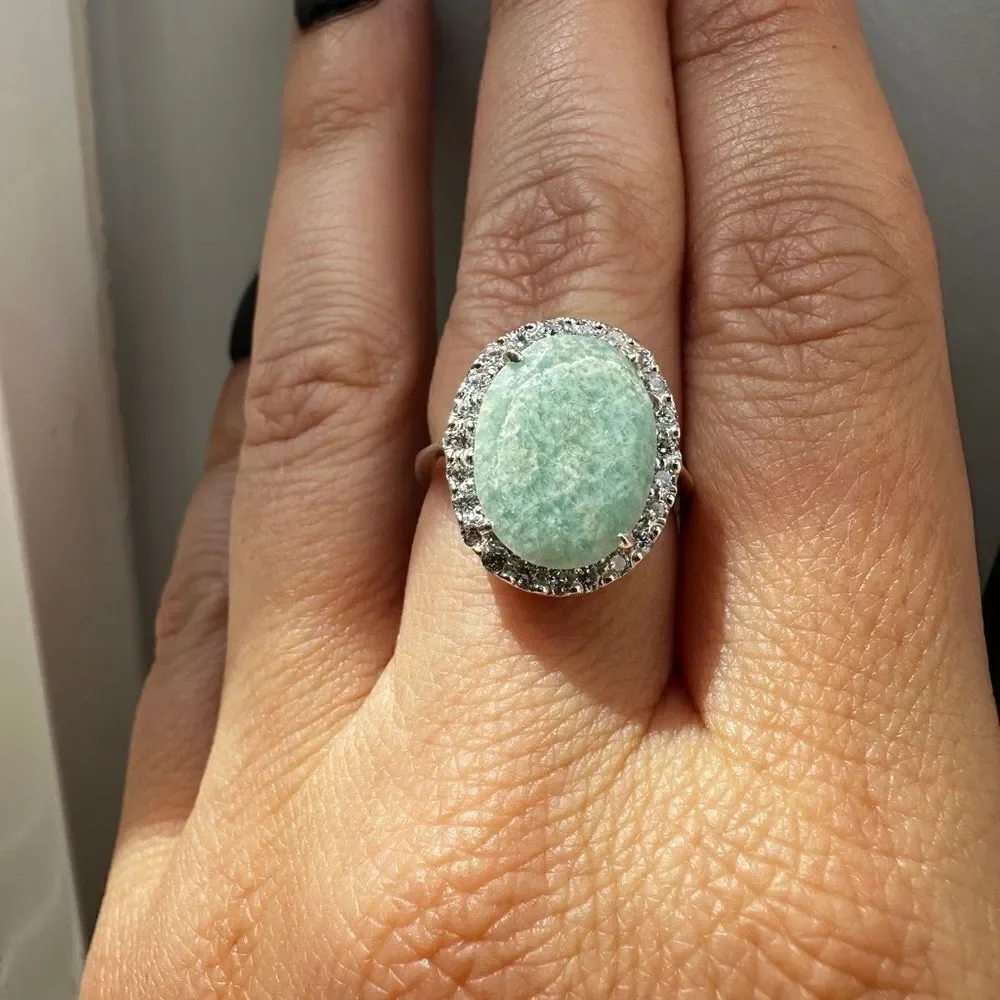 NWOT 15x11mm Oval cut Amazonite w/ halo of cz‎ diamonds in sterling silver!